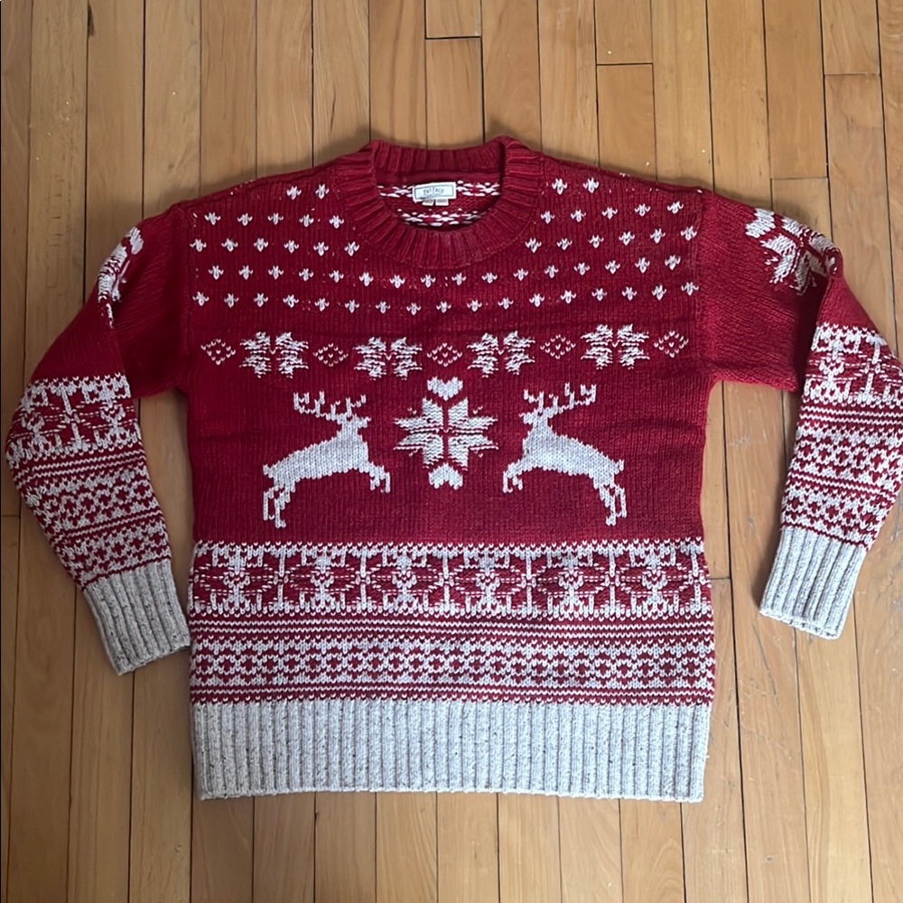 Fat Face Red Wool Blend Reindeer Sweater